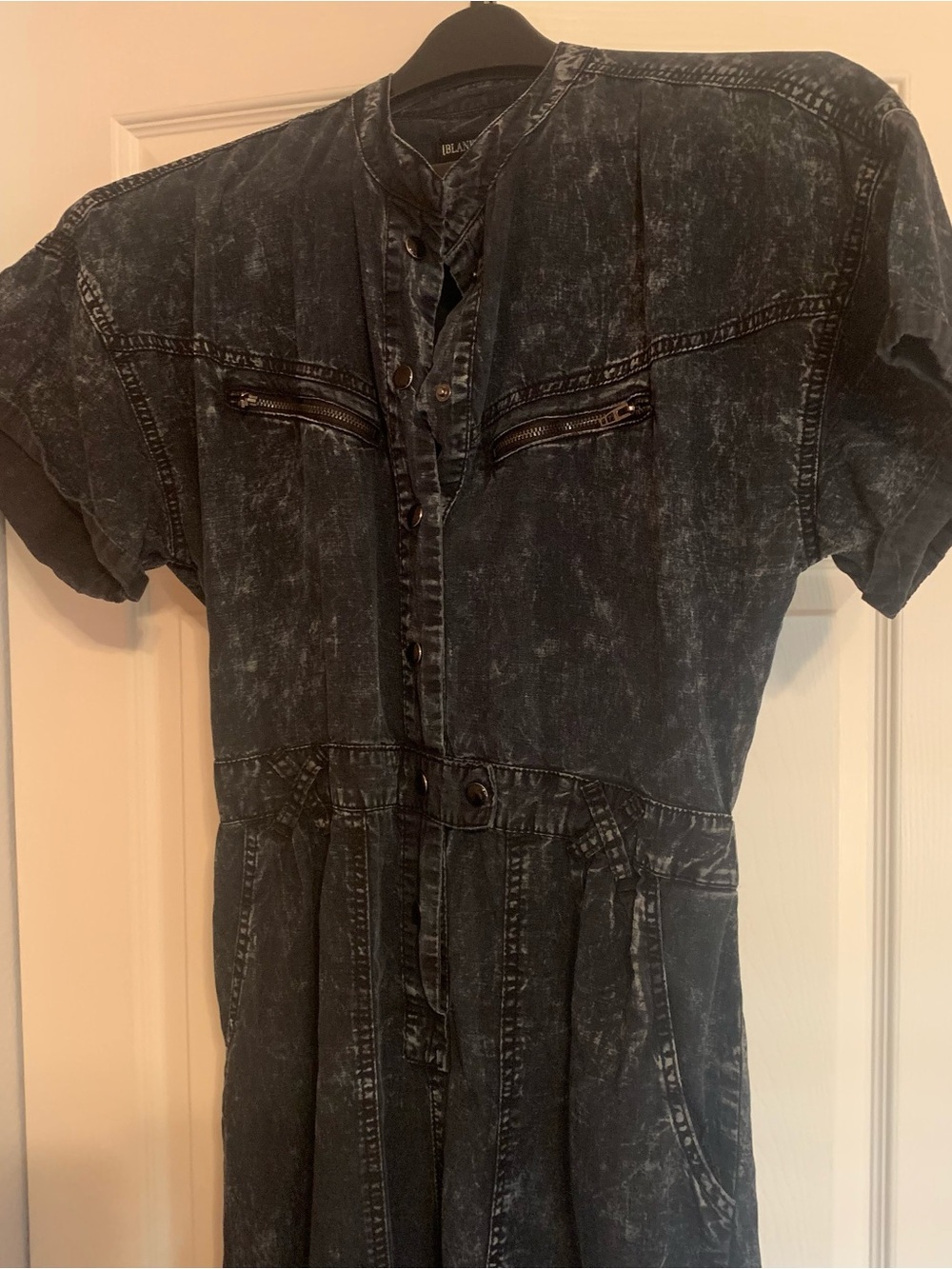 BLANK NYC Black Acid-Wash Utility Jumpsuit with Stand Collar and Pockets